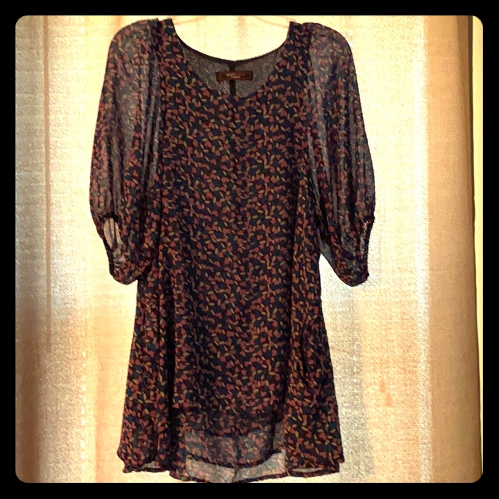 Boutique Dress with blue and mauve hearts.